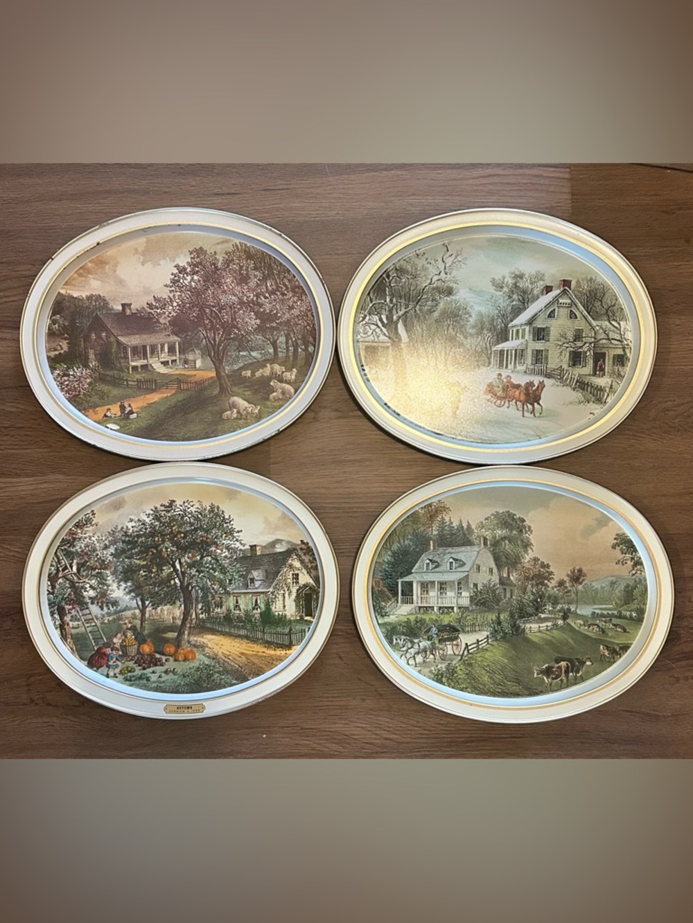 Set of 4 Currrier and Ives four seasons metal trays